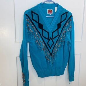 L Miller Turquoise Fringe V-Neck beaded leather boho suede Sweater